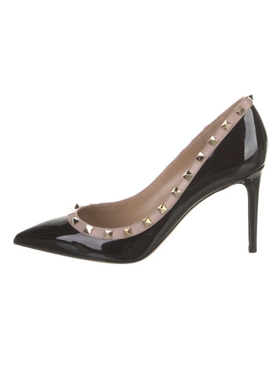 Valentino Garavani Black Patent Pointed-Toe Pump with Blush Studded Trim